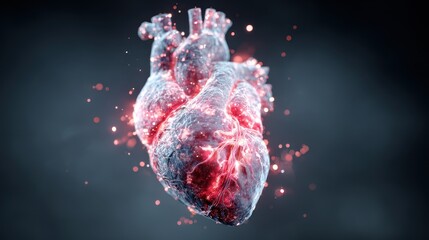 Abstract Glowing Heart Model on Dark Background with Red Particle Effects and Blurry Focus