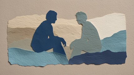 Paper cutout layered collage featuring two seated human silhouettes, psychology, psychotherapy concepts, dialogue, human connection, and the simplicity of therapeutic conversation.