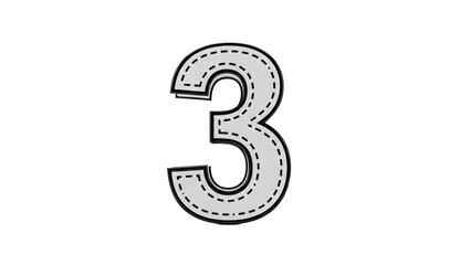 3D Number 3 with dashed line detail and black border on transparent background