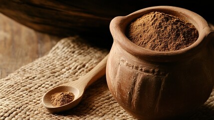 clay. Traditional clay pot with brown herbal powder and wooden spoon on simple background. menu design, packaging mockups, designed for culinary blogs and recipe cards for restaurants.