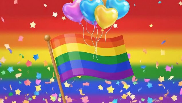 Celebration of Pride with Rainbow Flag and Heart Balloons.
