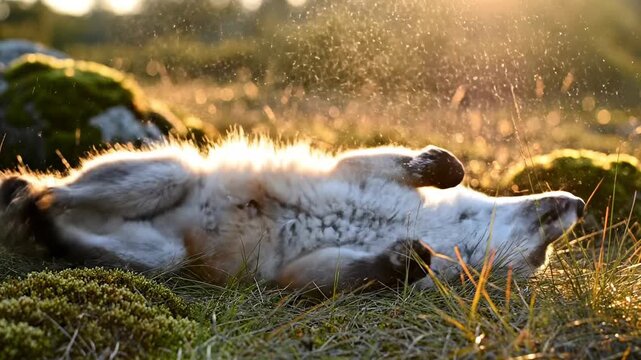 A Playful Silver Fox Engaging with a Cube and Having Fun in a Natural Setting