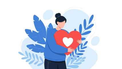 Woman hugging heart Self love concept