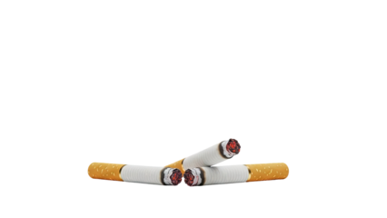 3D Three lit cigarettes with glowing embers on transparent background