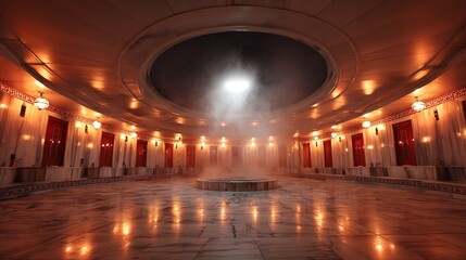 unanimity. Traditional Turkish bath interior with marble floor and central heated stone emitting steam. real-estate listings.