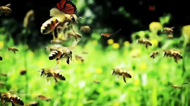 A swarm of bees buzzing gracefully amidst vibrant green vegetation, nature's dance