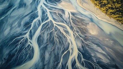 Obraz premium An aerial, top-down view of a braided glacial river delta, the water channels creating a stunning, tree-like pattern as they flow through silt and sand, abstract nature art. 