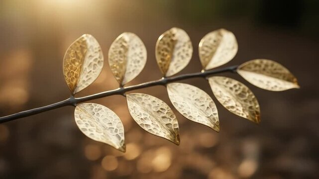 Close-up of a decorative branch with shimmering golden leaves and a unique hammered texture, bathed in warm sunlight
