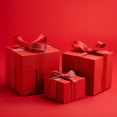 Obraz premium A visually appealing arrangement of red gift boxes with elegant ribbons against a vibrant red background.