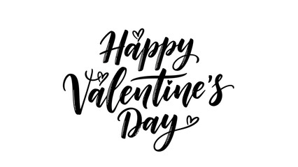 A bold and artistic brush script spells out "Happy Valentine's Day" in black, adorned with playful small hearts for a vibrant and affectionate greeting.