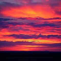 Vibrant sunset paints the sky with fiery hues over a vast, tranquil landscape ,  dusk,  outdoors