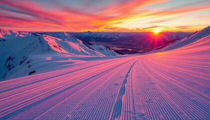 Vibrant sunset hues illuminate fresh ski tracks on a pristine mountain slope, casting long shadows across the snow,  dusk,  pristine