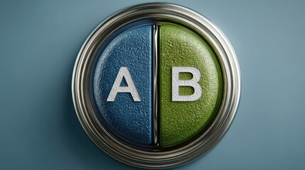 single button, split perfectly down the middle, half is a blue 'A' and the other half is a green 'B', A/B testing concept, isolated on a clean background 