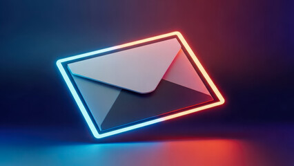 A stylish 3D render of an email envelope icon is illuminated by a vibrant, split-color neon glow in red and blue, symbolizing modern digital communication.