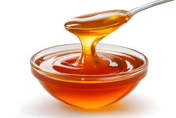 Delicious golden honey drizzled from a spoon into a glass bowl, showcasing its smooth texture and rich color.
