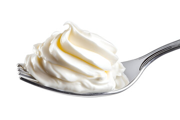 Delicious whipped cream on a silver fork, perfect for desserts and sweet treats.