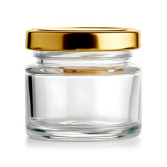 Elegant glass jar with a shiny gold lid, perfect for preserving jams, sauces, or homemade goodies.