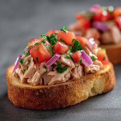 Delicious tuna bruschetta topped with fresh tomatoes and herbs, perfect for appetizers or light meals.