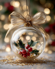 Elegant glass ornament with holly and berries, perfect for holiday decor and festive celebrations.