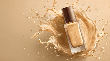 A plain liquid foundation product mockup with splashes on a beige background and copy space for text. Beauty product background illustration.