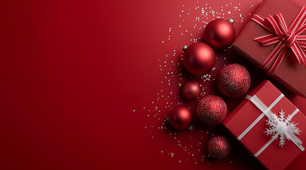 Festive red Christmas decor featuring beautifully wrapped gifts and ornaments, perfect for holiday celebrations.