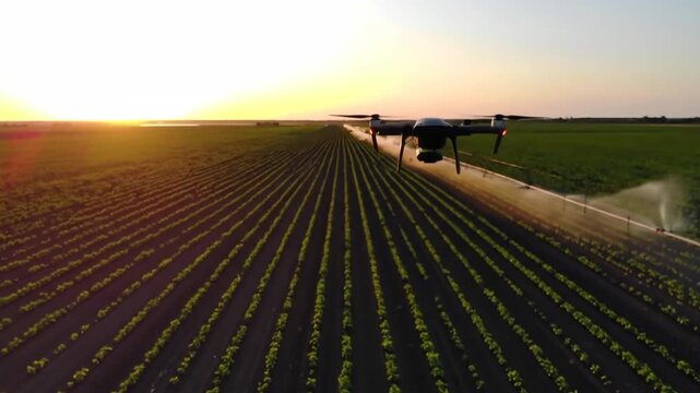 A modern drone flies over a vast agricultural field, precisely spraying green crops in neat rows during a golden sunset.