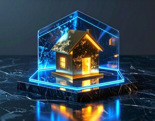 Golden House Under Translucent Energy Shield Financial Protection Concept