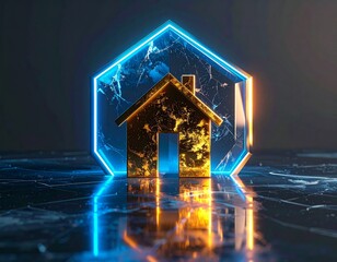 Golden House Under Translucent Energy Shield Financial Protection Concept