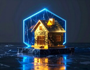 Golden House Under Translucent Energy Shield Financial Protection Concept