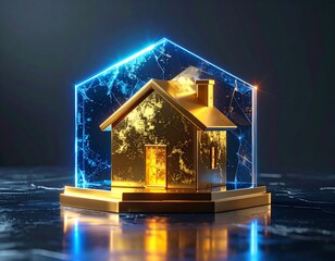 Golden House Under Translucent Energy Shield Financial Protection Concept
