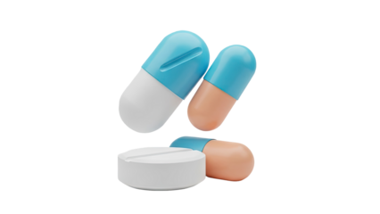 3D Various colorful pills and capsules floating on a transparent background