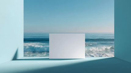 Blank paper on a blue seascape background with empty space. Text mockup background illustration.
