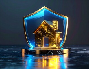 Golden House Under Translucent Energy Shield Financial Protection Concept