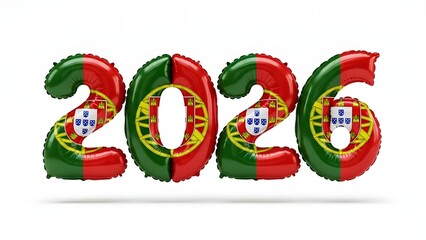 Glossy Inflatable 2026 Balloon Numbers with Portuguese Flag Pattern Isolated on White Background