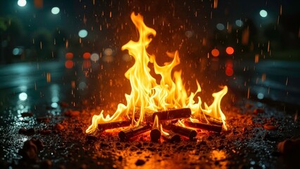 Wet street, empty environment, blazing bonfire, night view