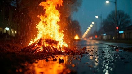 At the flooded area at the end of the alley, a raging fire illuminates the night