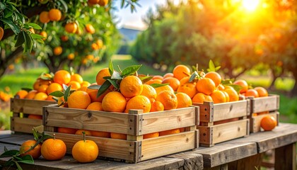 Vibrant Orange Harvest - Wooden Crates Overflowing with Fresh Citrus Fruits in a Sunny Orchard.