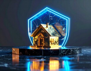 Golden House Under Translucent Energy Shield Financial Protection Concept