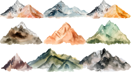Collection of nine distinct watercolor painted mountain range illustrations featuring varied earthy and cool color palettes perfect for nature designs