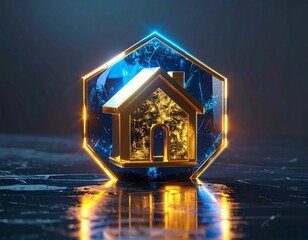 Golden House Under Translucent Energy Shield Financial Protection Concept