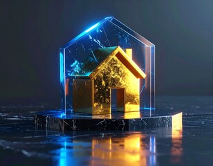 Golden House Under Translucent Energy Shield Financial Protection Concept