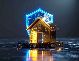 Golden House Under Translucent Energy Shield Financial Protection Concept