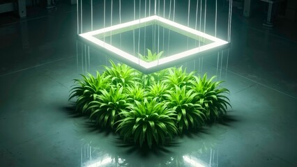 Geometric device of luminescent green plants in a darkroom