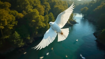 On the banks of the valley, white doves graze the water and fly