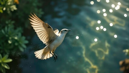 White doves spreading their wings in the light spot of the water pool