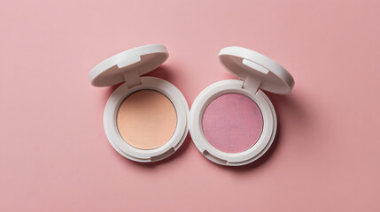 A blush product in white packaging on a pastel background with copy space. Illustration of a cosmetic product background.