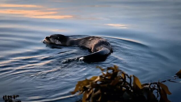Wild Otter Swimming Gracefully in Calm Water at Golden Hour. Peaceful Marine Wildlife in Natural Habitat.