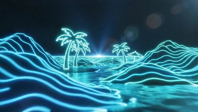 Neon Tropical Beach Landscape with Glowing Waves and Palm Trees.