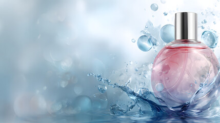 Pink and blue background illustration with water splashes and empty packaging bottles with copy space for text. Cosmetic product background illustration.