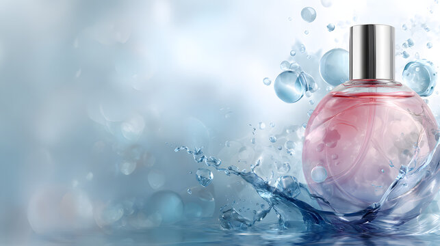Pink and blue background illustration with water splashes and empty packaging bottles with copy space for text. Cosmetic product background illustration.